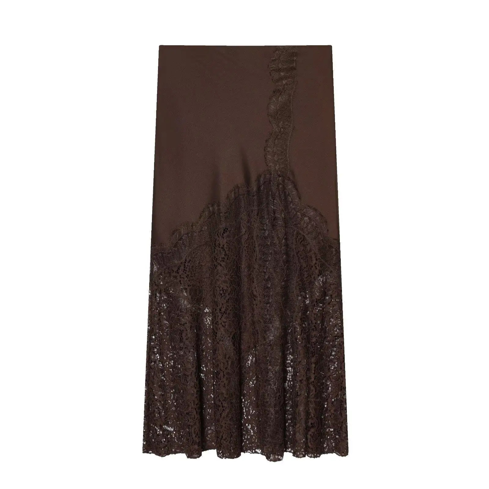 Silk Satin Lace Midi Skirt for Women Cross-Border mid Waist H-Shape Standard Fit Spring Season Polyester Fiber Other Process