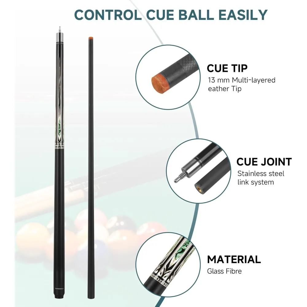 عصي البلياردو الاحترافية 58 عظة حمام السباحة المصنوعة من الألياف الزجاجية ذات الانحراف المنخفض للعب في الموسم المنزلي