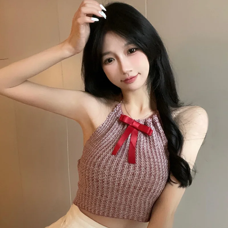 

Майка женская с лямкой на шее, пикантная уличная одежда, Трикотажный жилет в рубчик без рукавов, в клетку, с бантом, укороченный топ, летняя футболка