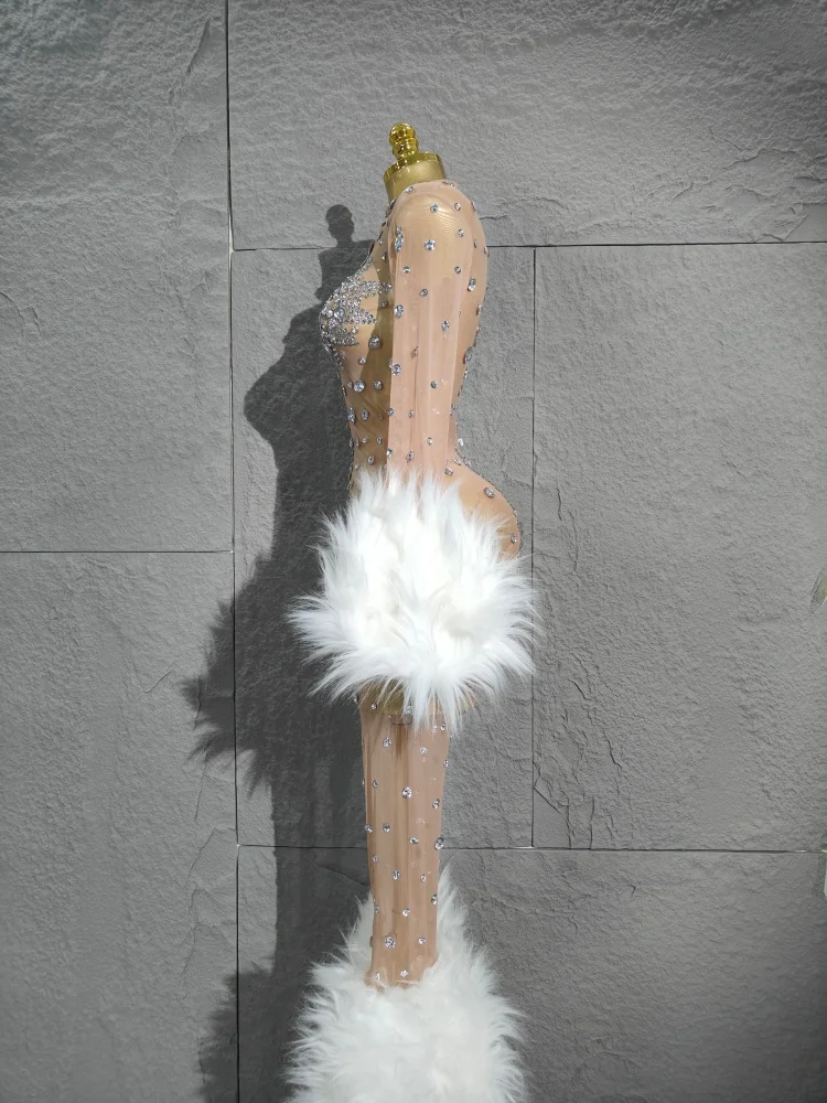 Sexy maglia di diamanti lucidi vedere attraverso tuta aderente da donna sexy manica lunga performance cantante costume discoteca vestito di scena