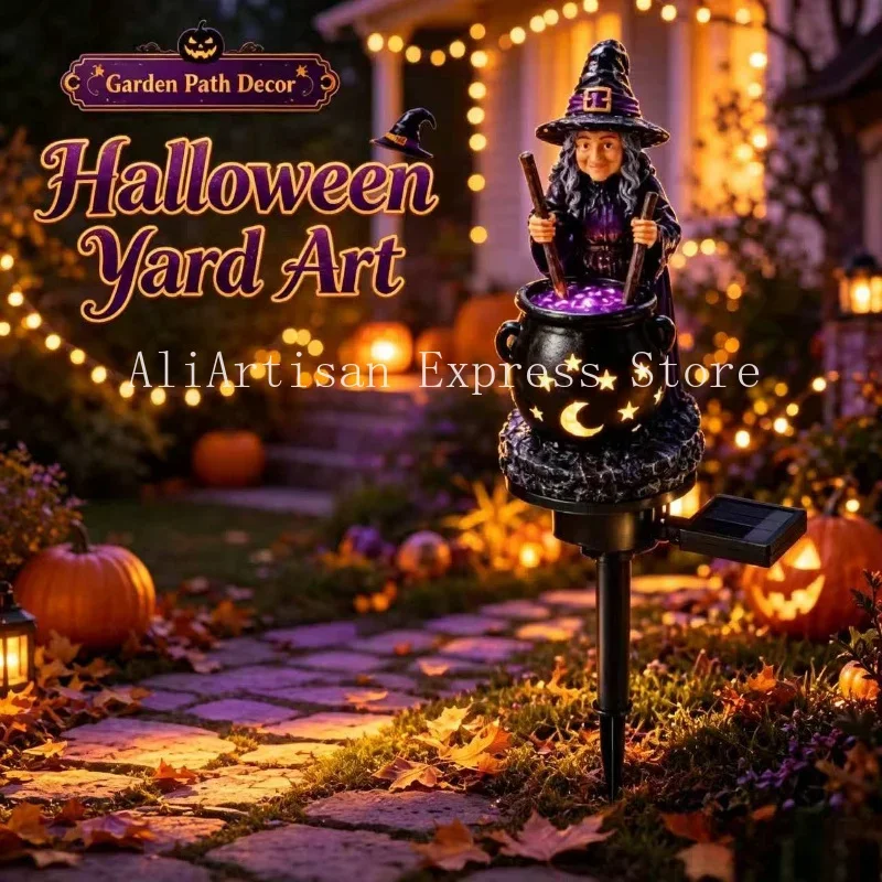 Solar Powered Resin Witch Cauldron Garden Stake Light, LED Outdoor Yard Pathway Lamp, Spooky Halloween Party Lawn Decor