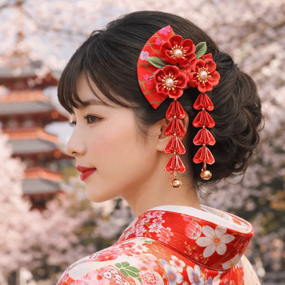 Simple Tassels Tassel Fan Hairpin Flower Sakura Japanese Kimono Headwear Hanfu Fan Hair Clip Cloth Kimono Hair Clip Children