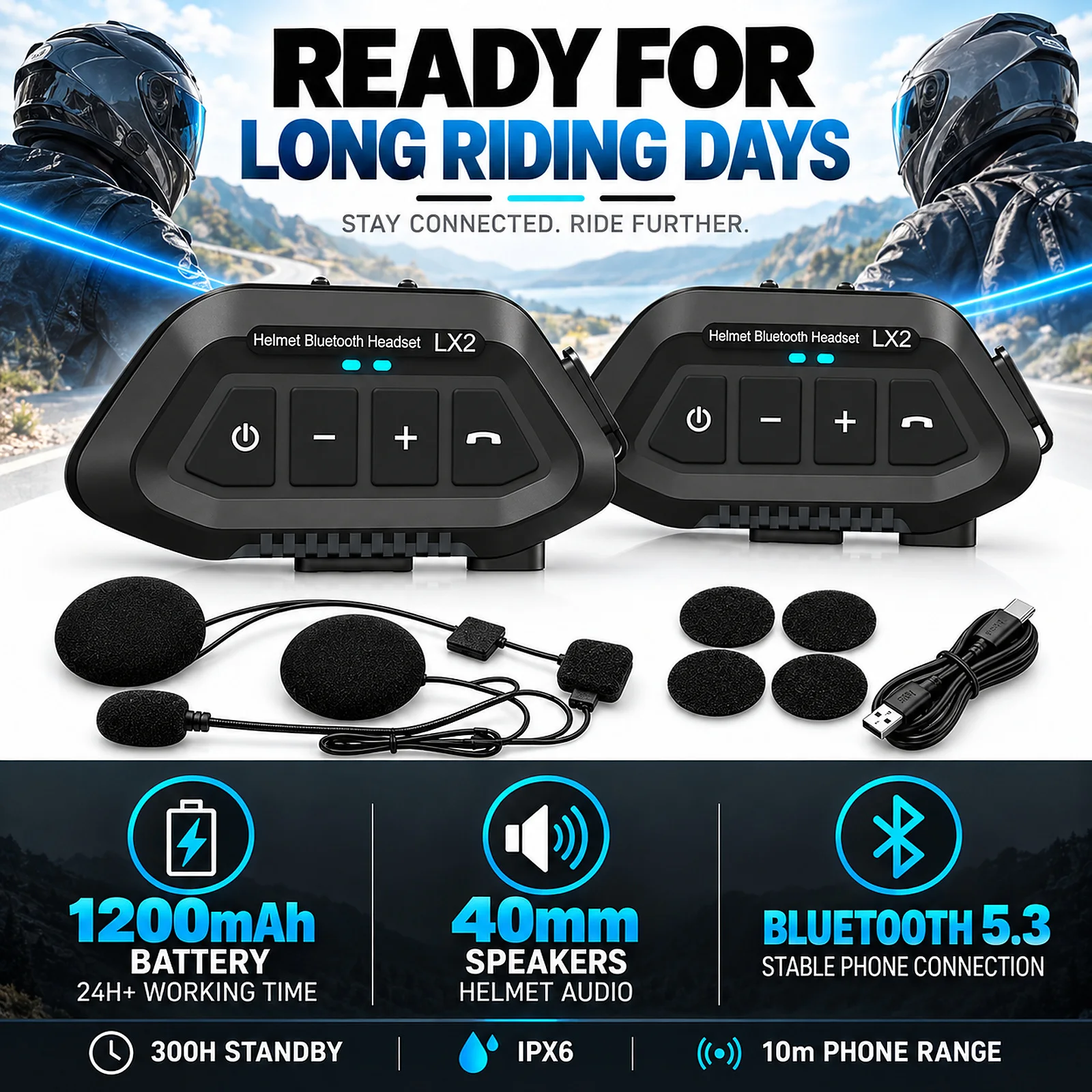 Motorcycle Helmet Bluetooth Headset BT5.3 1200mAh 24H Playtime Waterproof Removable Clip Auto Answer Call