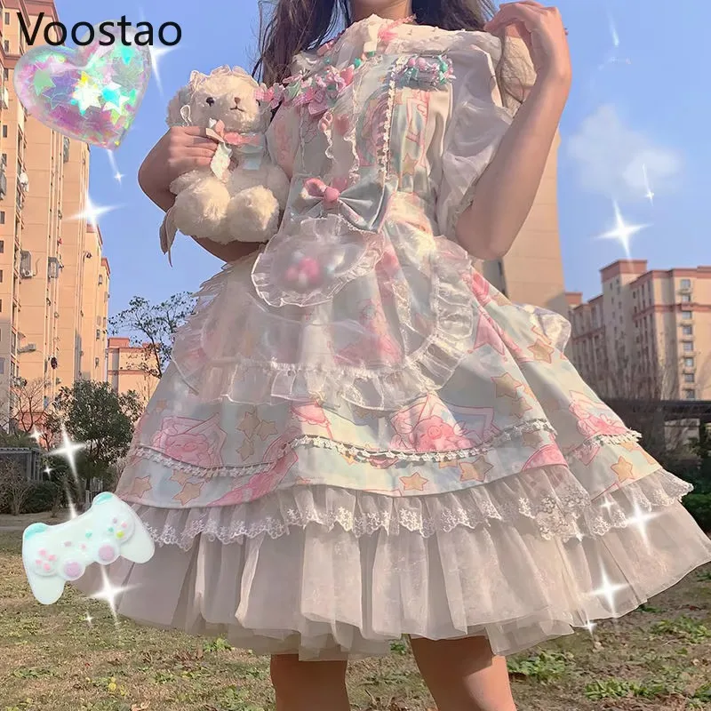 Japanese Sweet Kawaii Jsk Lolita Dress Women Vintage Victorian Gothic Cartoon Sleeveless Bow Lace Princess Tea Party Dresses