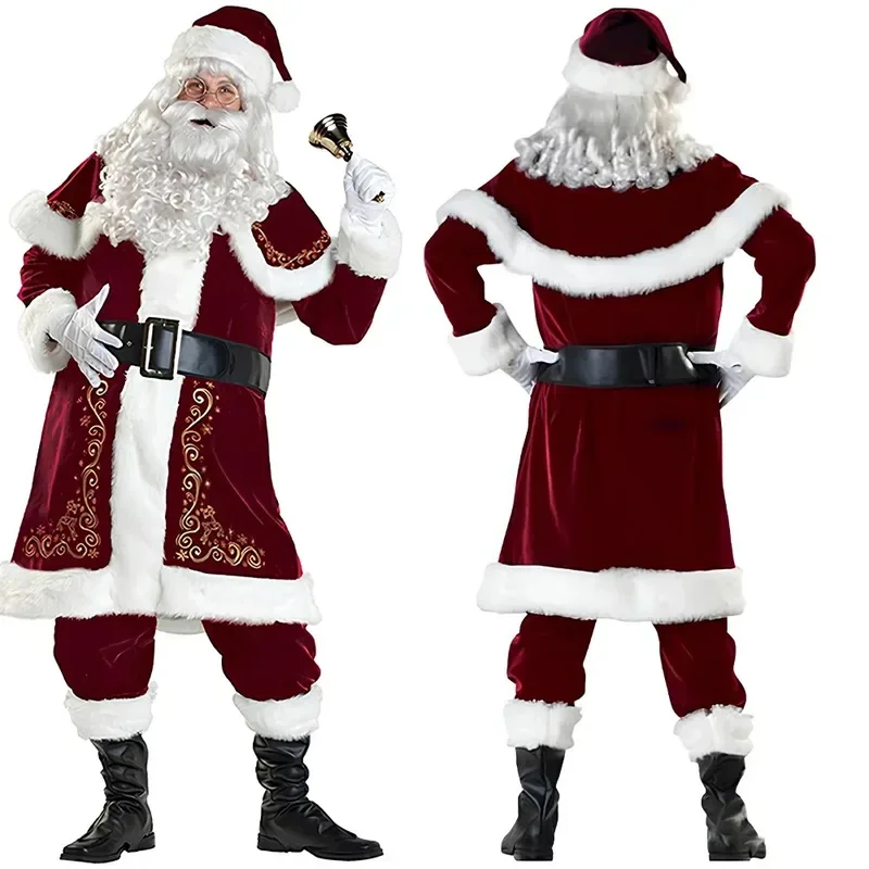 Santa Claus Costume Suit For Men Couples Deluxe Red Velvet Santa Dress Christmas Costumes For Women Holiday Party Cosplay Outfit