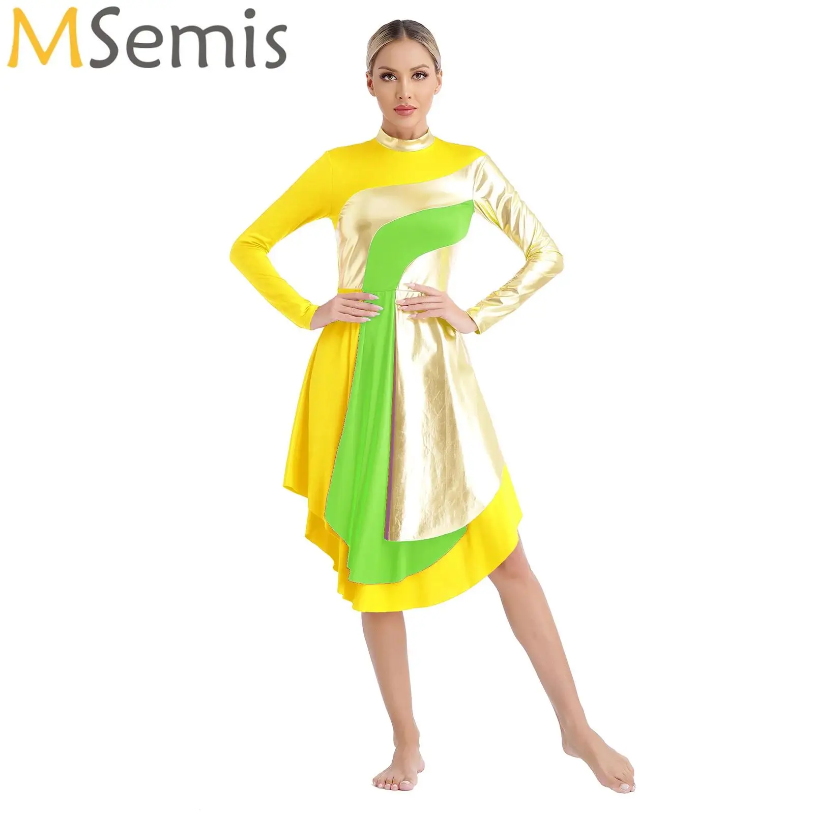 

Women's Long Sleeve Praise Dance Dress Contrast Color Loose Fit Full Length Church Liturgical Lyrical Dancewear Worship Costume