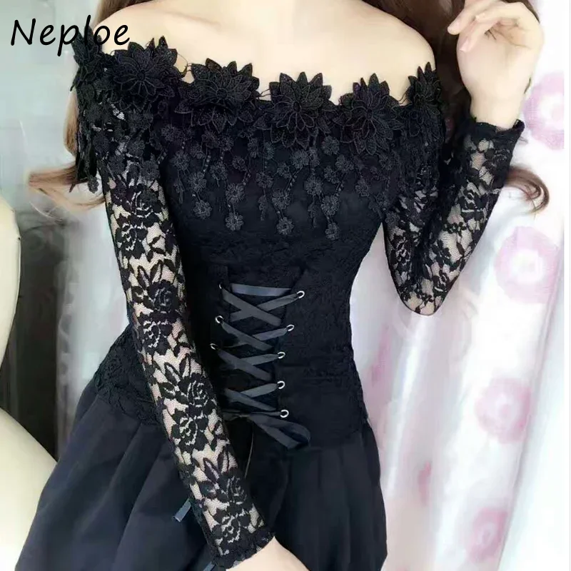 Neploe  Lace Hollow Out Blouse Korean Fashion Slash neck Slim Women Lacing Blusas Long Sleeve Elegant Shirts 67537