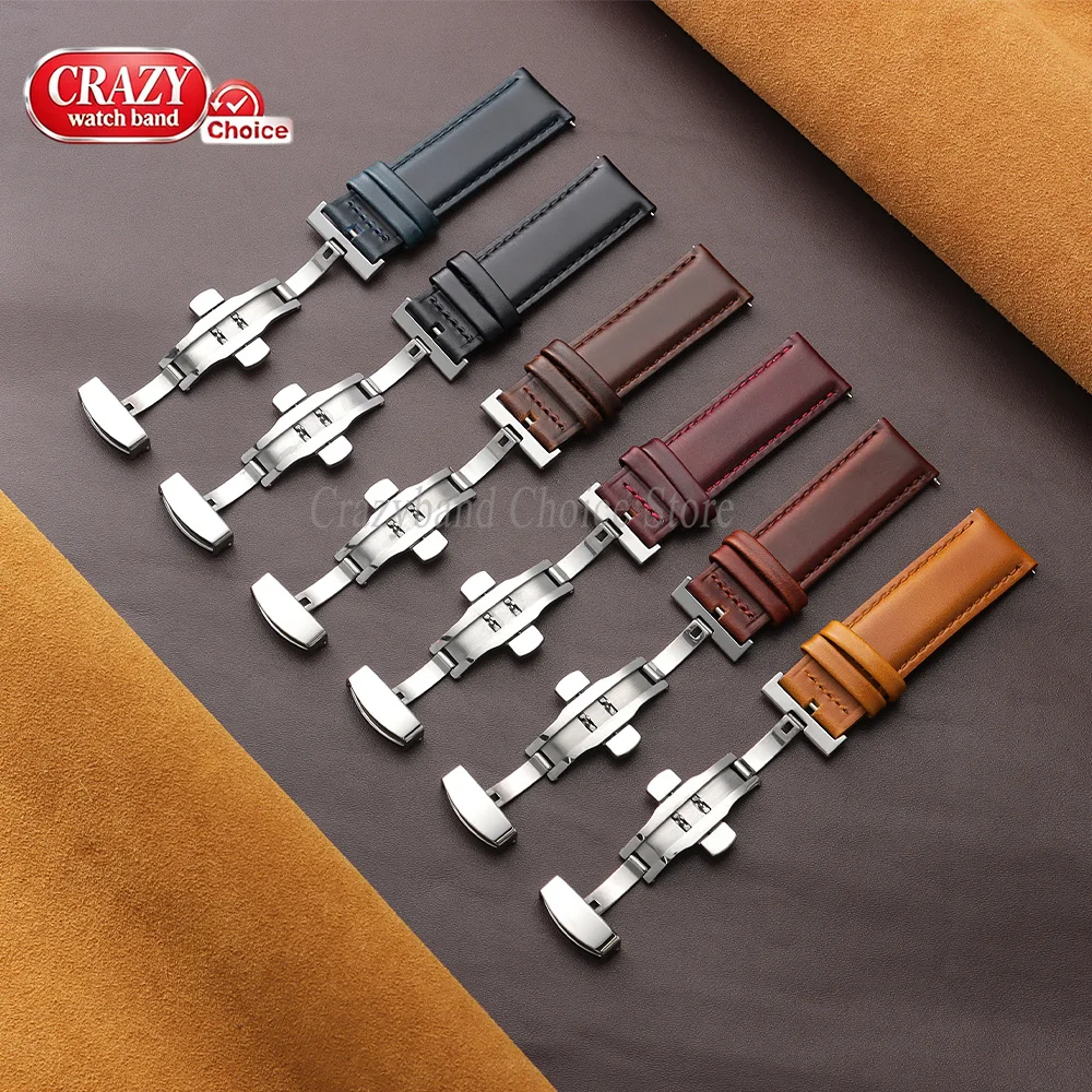 Genuine Cowhide Leather Watch Band Brown Blue Universal Business Strap Silver Buckle Women Men Strap Accessories 18mm 20mm 22mm