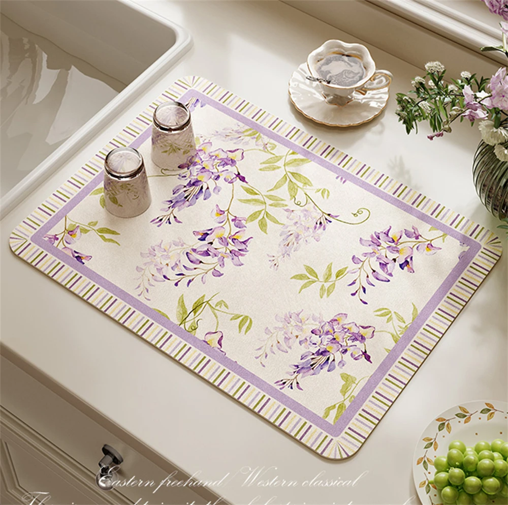 Household Kitchen Drain Mat Countertop Absorbent Mat Anti-Fouling Non-Slip Wash-Free Purple Printed Coffee Machine Drain Mat
