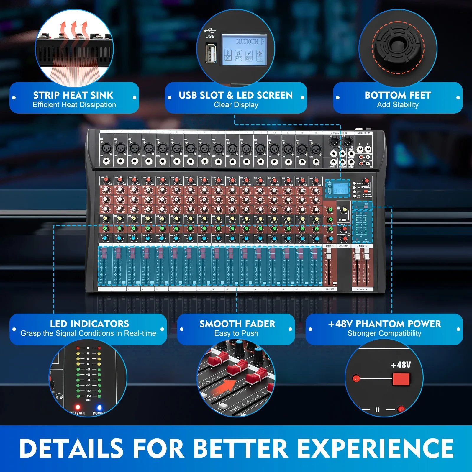 Mixer audio da studio Bluetooth 16CH Interfaccia audio Console di missaggio scheda audio