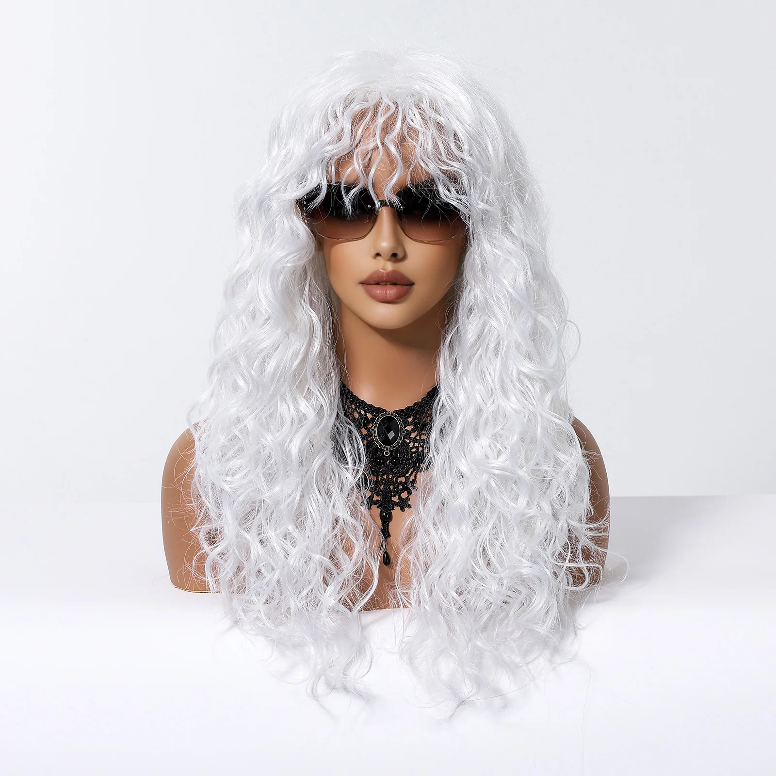 LOUIS FERRE Silvery White Curly Wigs With Bangs For Women Halloween Cosplay Use Heat Resistant Lolita Party Synthetic Hair Wigs
