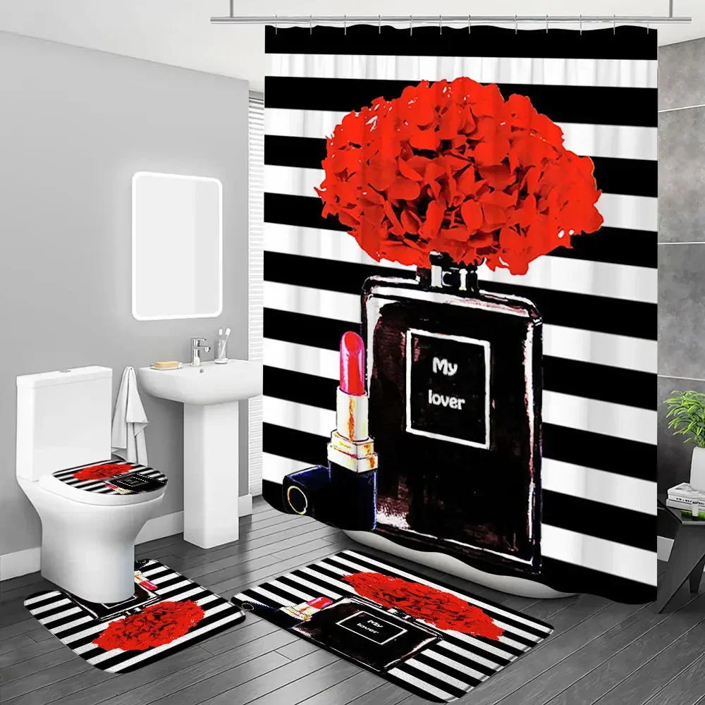 Luxury Perfume Cosmetic Flowers Art Fashion Girl Perfume Bottle Printed Shower Curtain with Hooks Mat Rug Bathroom Decor Set