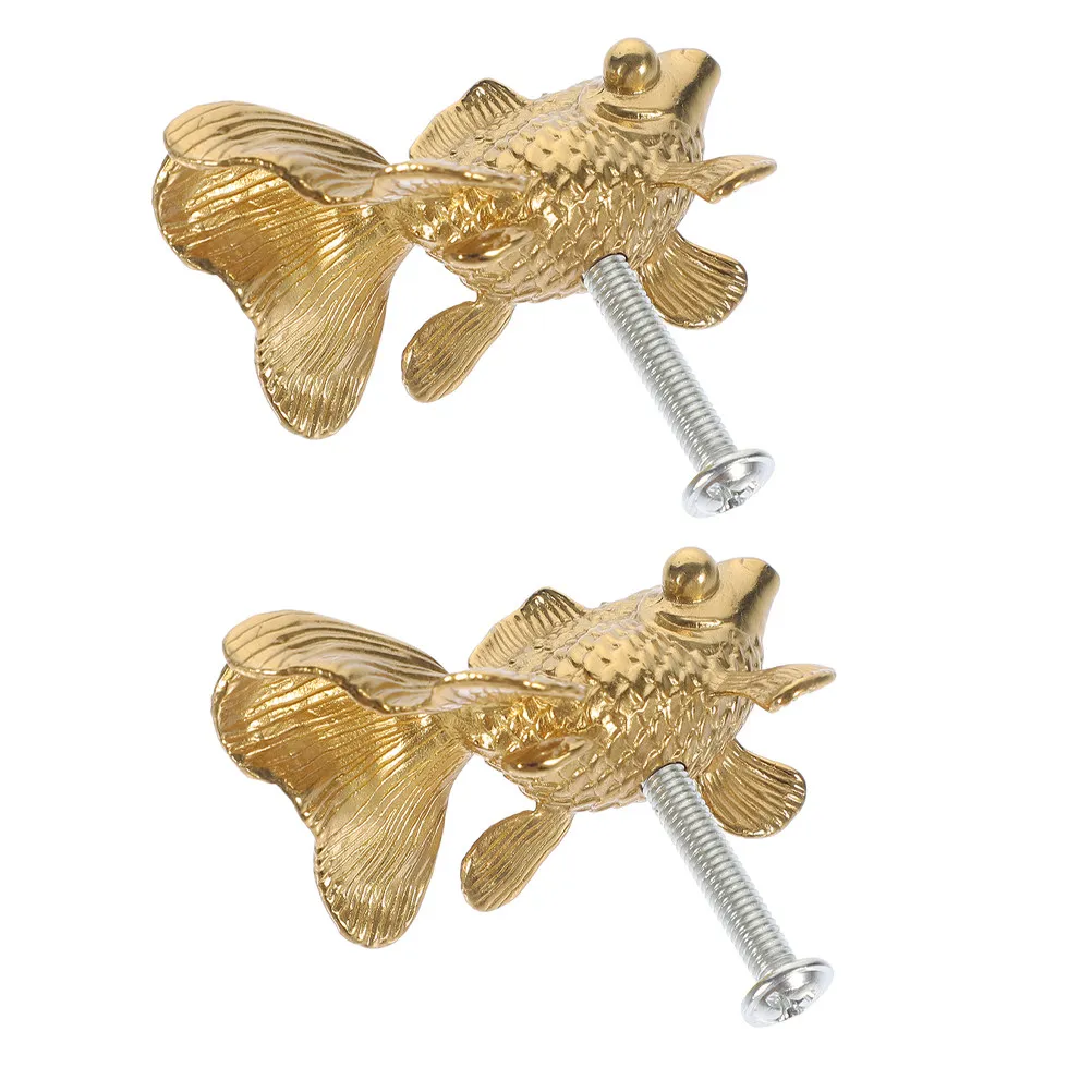2Pcs Brass Goldfish Cabinet Knobs Vintage Animal Drawer Pulls Decorative Handles for Kitchen Bedroom Dresser Wardrobe