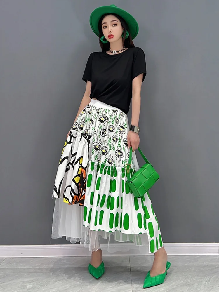 SHENGPALAE Spring Fashion Chic Printed Skirt For Women 2024 New Mesh Spliced Contrast Color Elastic Waist A-line Skirts 5R5878