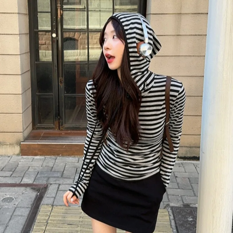 Hooded T-Shirts Women Striped Chic Trendy All-match Streetwear Young Casual Korean Fashion Spring Autumn Slim Fit Clothing Ins