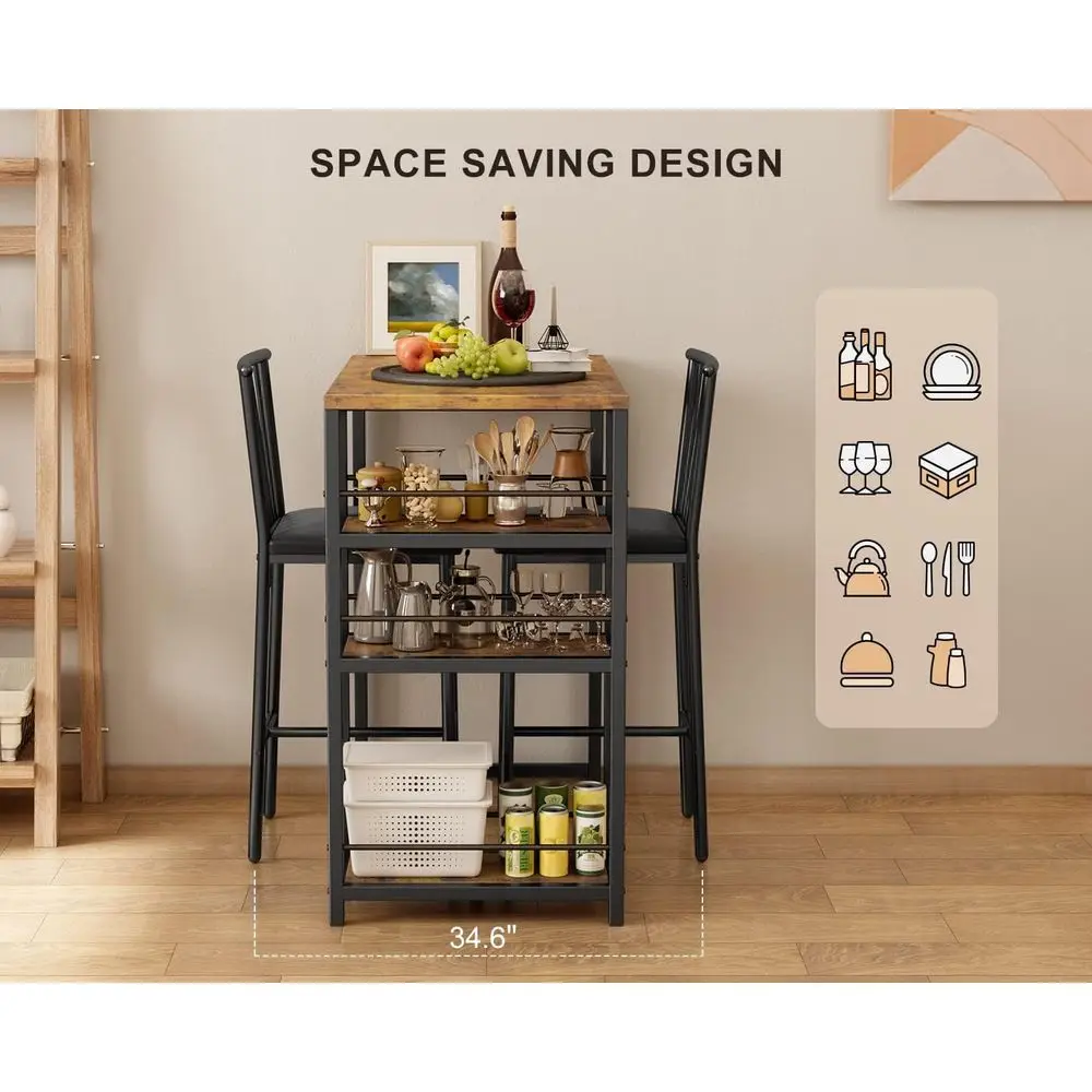 Dining Table Set or 2 with 3 Storage Shelves, Kitchen Table and Chairs or 2 with Pu Cushion Chairs & Thick Wood Top, 3 Piece Din