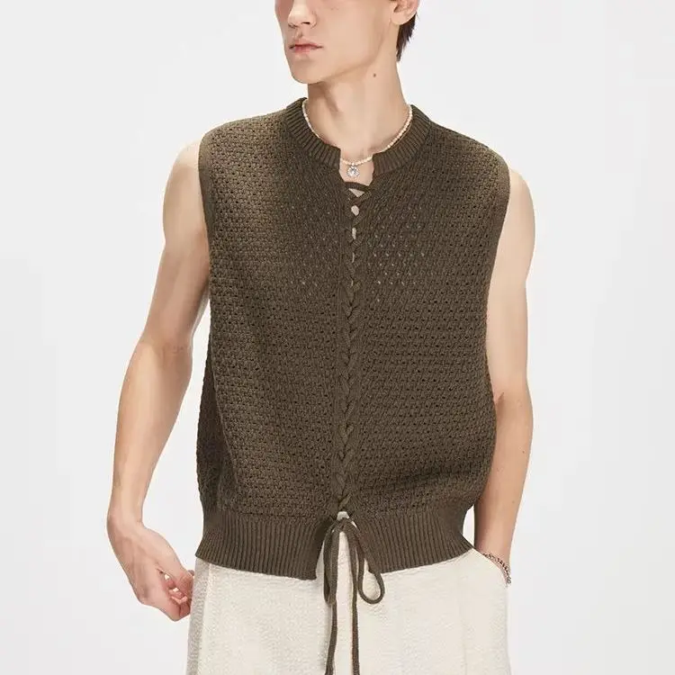 2026 Summer Hollow Rope Placket Sleeveless Solid Color Knitted Sweater Vest Lazy Wind T-shirt Vest