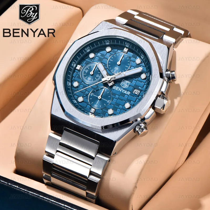 

BENYAR мужские часы кварцевые автоматические часы BY5216 спортивные часы для мужчин 2025 водонепроницаемые деловые светящиеся часы из нержавеющей стали
