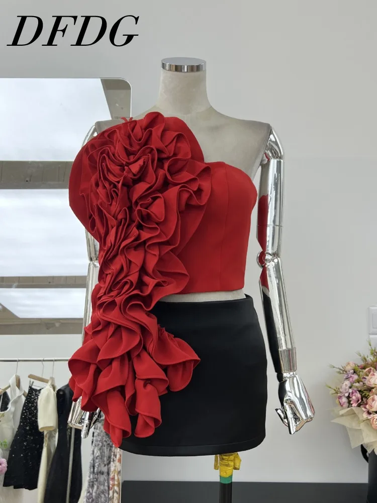 

DFDG European And American Style Top Ladies 2024 Autumn New Sexy Design Sense Three-dimensional Flowers Slim Short