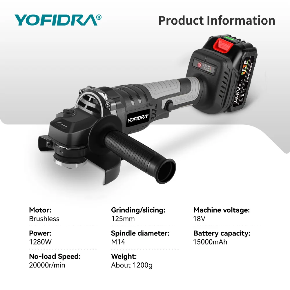 YOFIDRA 1280W 125MM Brushless Electric Angle Grinder Handheld Trimming Machine Polisher Cutter Power Tool For Makita 18V Battery