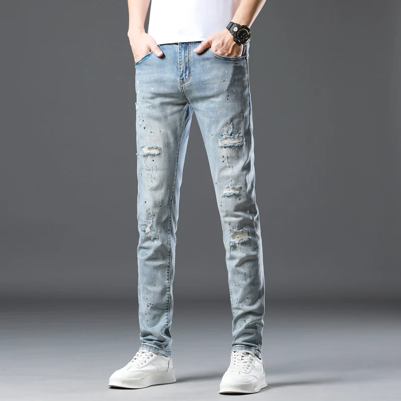 Hip Hop Jeans Men Light Blue Stretch Jeans Skinny Denim Pants Streetwear Print Painting Ripped Distressed Patched Men's Trousers