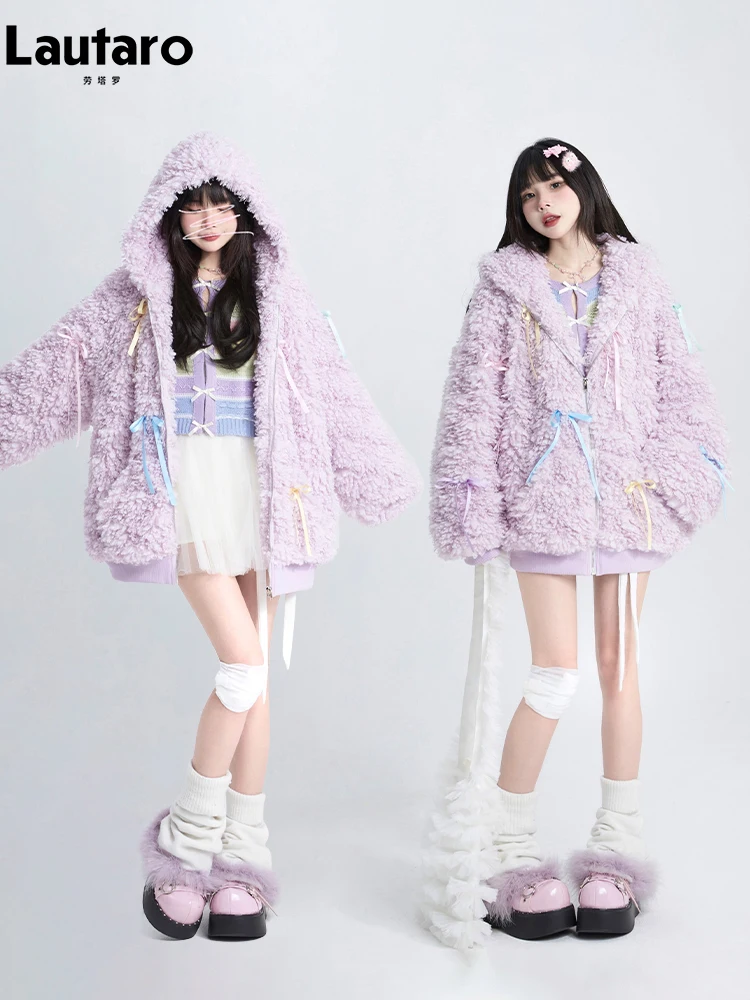 Lautaro Winter Oversized Sweet Cute Kawaii Warm Fuzzy Light Purple Faux Fur Hoodie Women with Hood Bow Fluffy Sherpa Jacket 2024