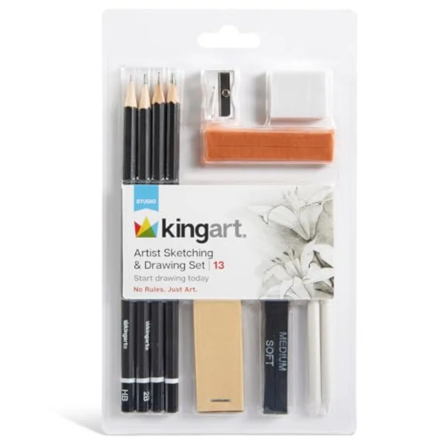 13-Piece Sketching and Drawing Set Complete Artist Kit with Graphite, Charcoal and Pastel Pencils, Blending Tools and Eraser in