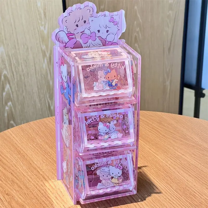 Kawaii Sanrio Anime Periphery Hellokitty&Mikko Acrylic Storage Box Desktop Assembling Storage Box Ornaments Gilrs Birthday Gifts