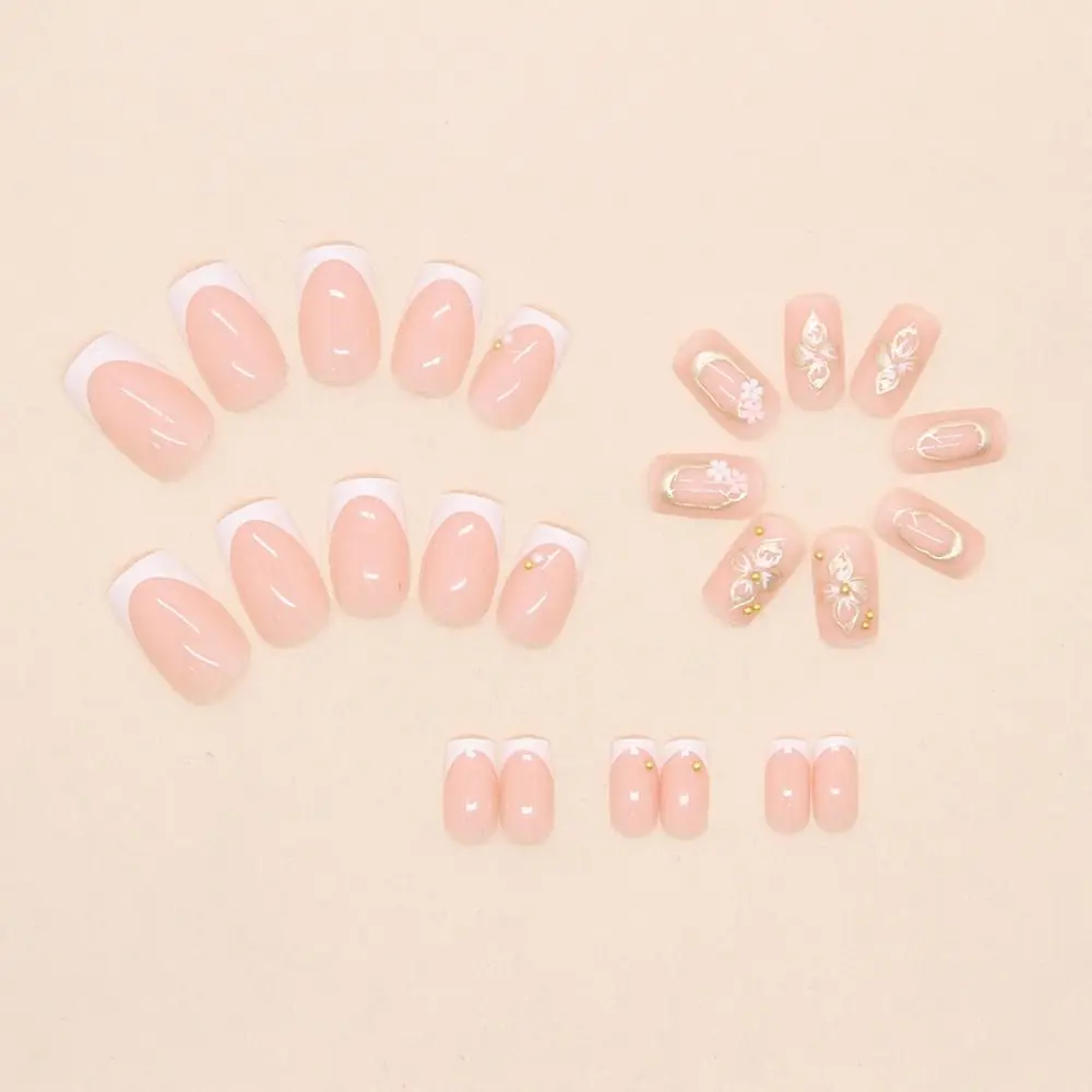 

24pcs New Long Square False Nails French Sweet Pearl Flowers Press on Nails Full Cover Detachable Fake Nails DIY