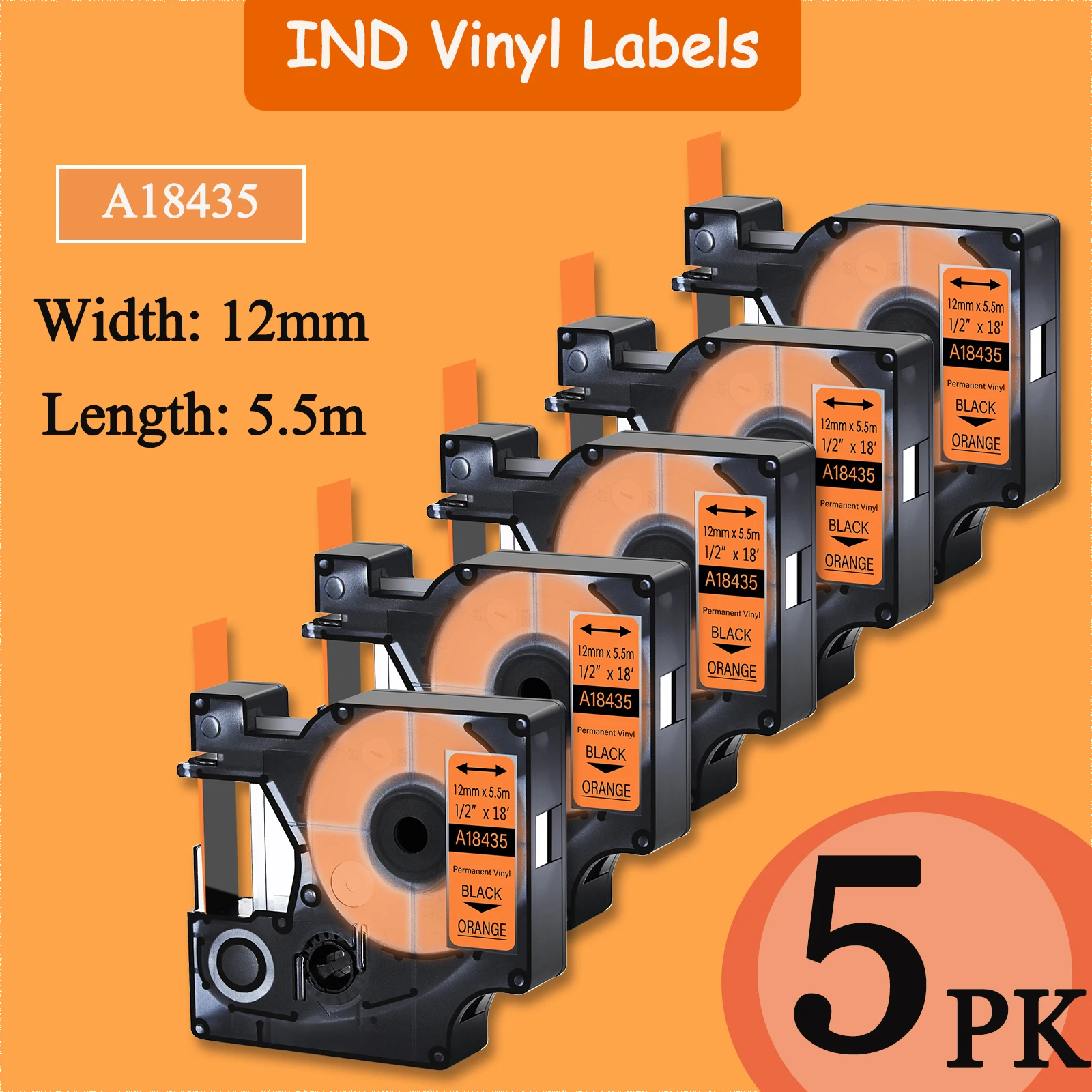 

5 PK IND Vinyl Labels 12mm 18435 Label Tape Black on Orange Compatible With Dymo Rhino 1000 Rhino 5000 Rhino 5200 Label Printers