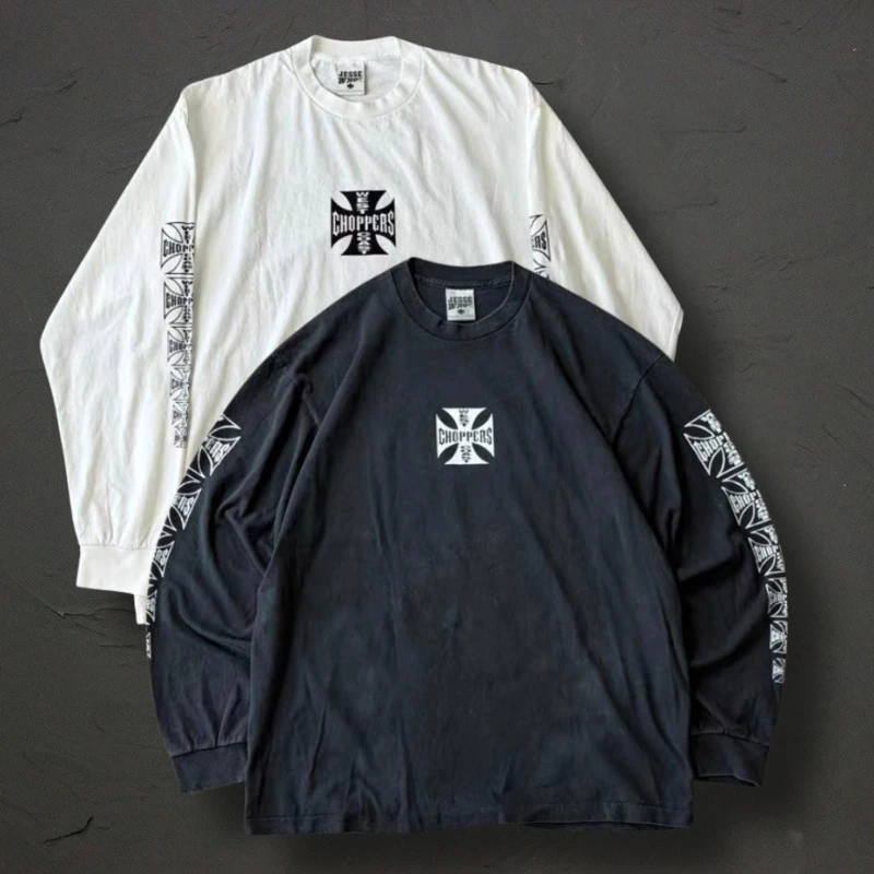 Men Women Oversize Black White West Coast Choppers Long Sleeve Tshirt Gradient Cross Logo Print Round Neck Top Hiphop Streetwear