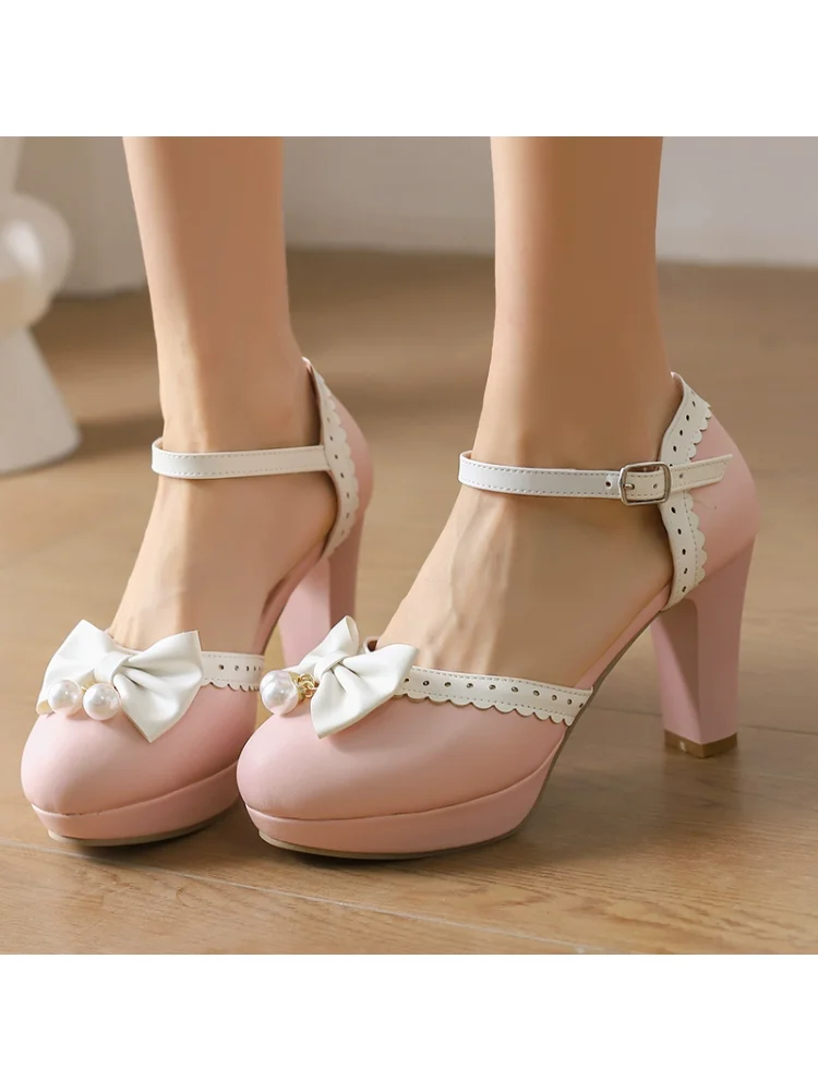 

Женские непромокаемые босоножки на высоком каблуке с бантом для девочек в стиле Лолиты, непромокаемые босоножки на платформе с ремешком, обувь с цветными блоками, грубая обувь для следов, размер 33-48