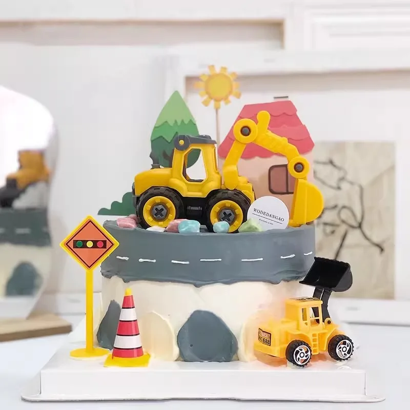 Engineering Construction Tower Cake Topper Vehicle Trucks Car toy Plastic Excavator Boys Toys Kids Birthday Party Cake Topper