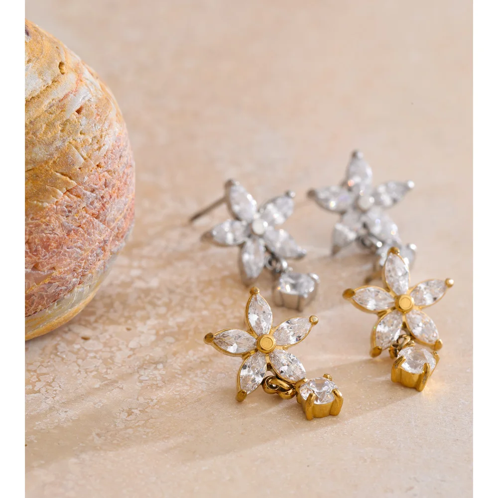 Yhpup Shiny Fantasy Cubic Zirconia Flower Stud Earrings High Quality Stainless Steel Delicate Party Gala Wear Premium Jewelry