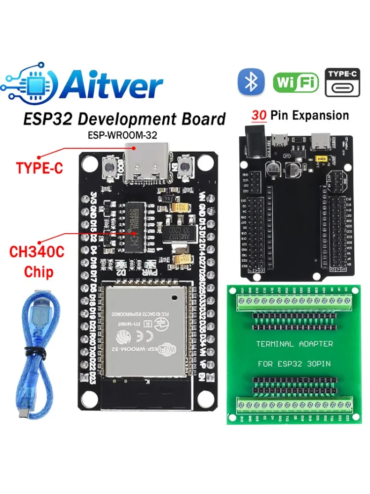 Płytka rozwojowa ESP32 DevKitC 30PIN Type C z płytą rozszerzeń i kablem USB do projektów DIY Arduino ESP32 — zdjęcie produktu 7