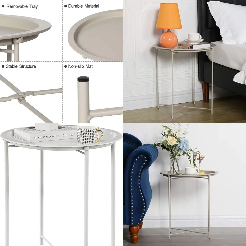 

Folding Metal Round Side Table, 19.7H x 18.5D, Beige, for Living Room, Bedroom, and Sofa Area