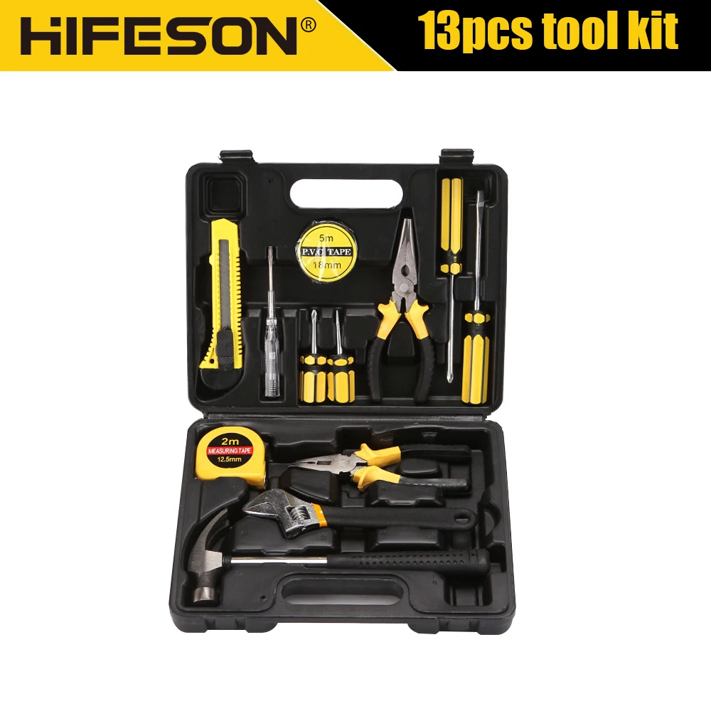 13pcs Tools Set General House hold Hand Tool Kit with Plastic Toolbox Storage Case Used to Car repair And home Repair