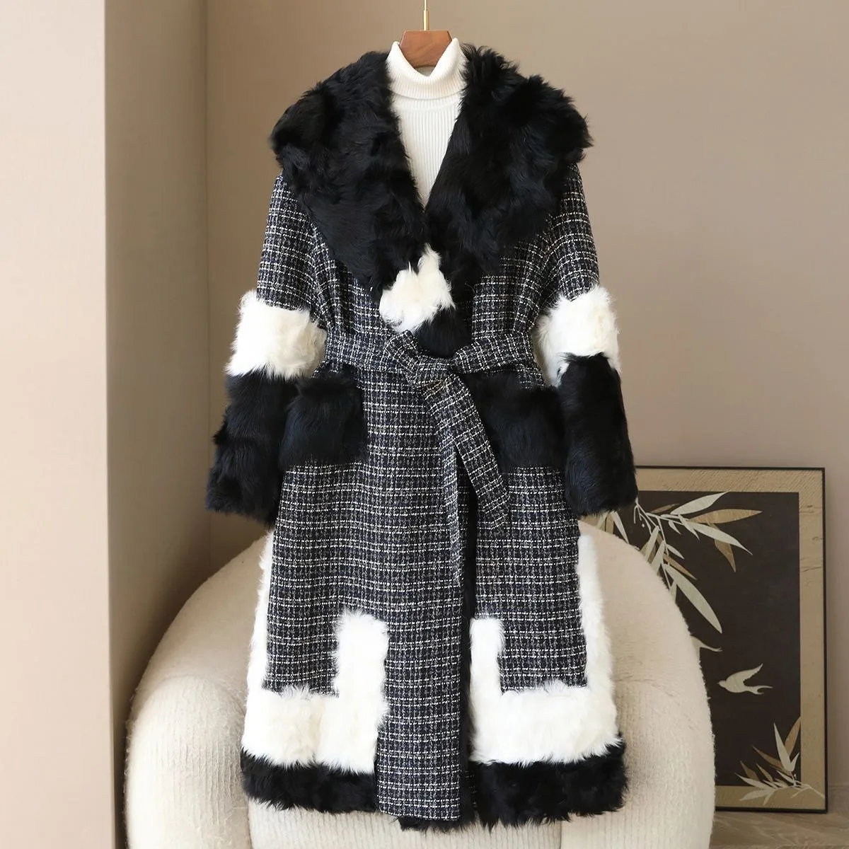 معطف جديد لربيع وخريف 2025 من صوف الضأن مقسم من الفرو مع حشوة داخلية من مخمل الإوزة لدفء المرأة #5