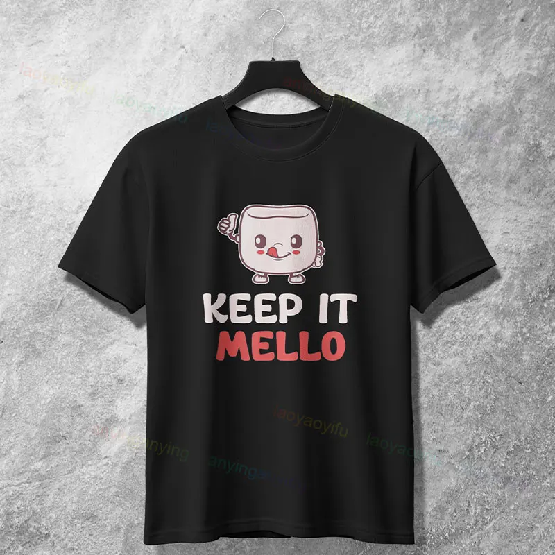 

Funny "Keep It Mello" Slogan Kawaii Marshmallow Graphic T-shirt 100% Cotton Short Sleeve Casual Tshirt All Season Clothing