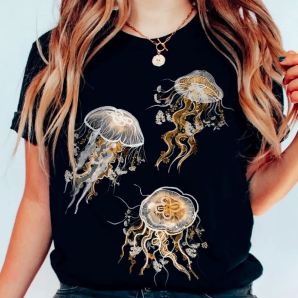 Organic Cotton Jellyfish T-Shirt Pressed Flower Sea Animal Tees Women Short Sleeve Clothes Streetwear O-neck Fashion Tops
