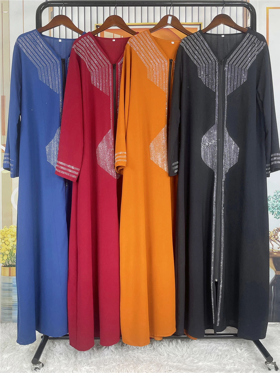 2024 African Abaya Women Open Robe Long sleeved Diamond Chiffon Robe Muslim Women Elegant Robe Kaftan Islamic Party Clothing