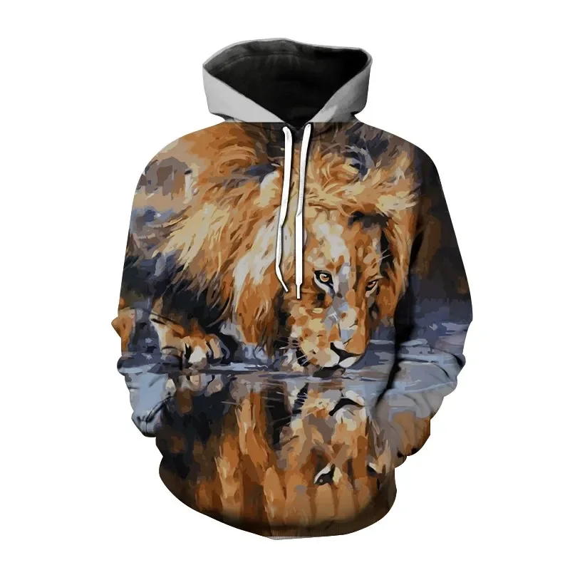 New Men Fashion Hooded 3D Printed Animal Lion Hooded Sweatshirts Casual Loose-fitting Long-sleeved Pocket Hooded Tops