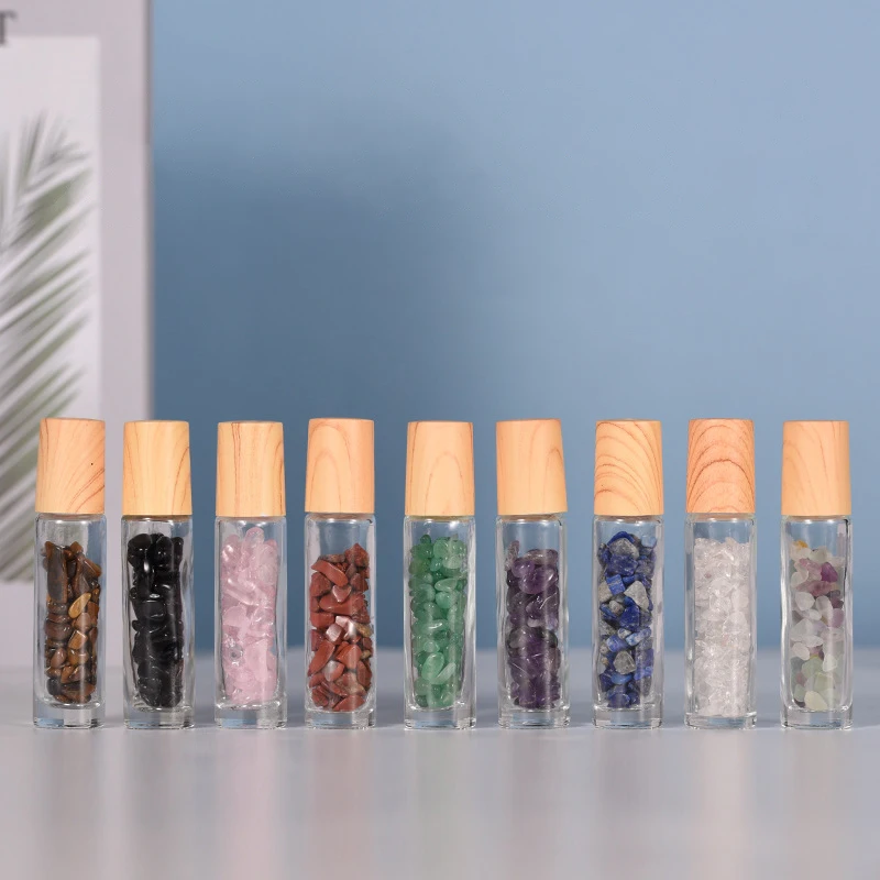 10ml Natural Gemstone Jade Roller Bottle Plastic Wood Grain Lid Refillable Essential Oil Bottle