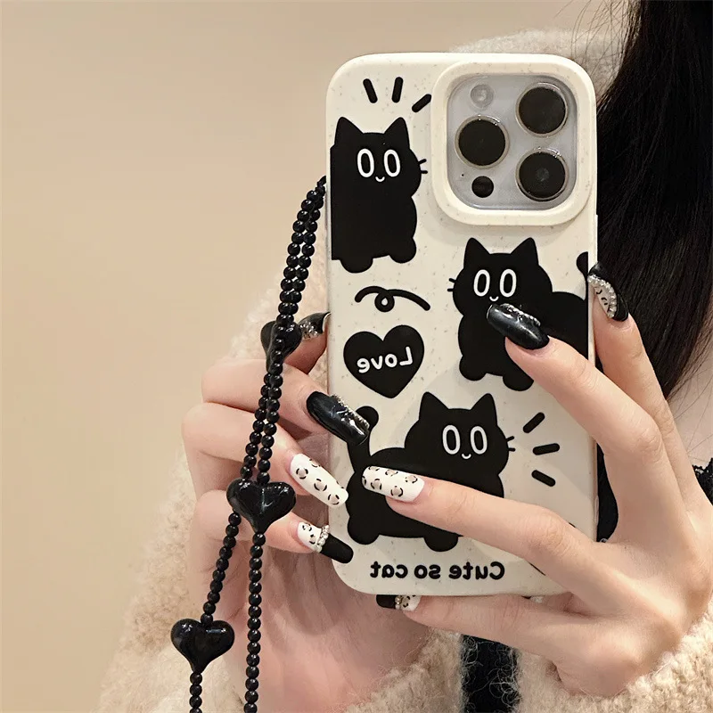 Cartoon Black Cat Phone Case For iPhone 15 Case iPhone 13 11 12 14 16 Pro Max XR XS 7 8 Plus SE Wheat Straw Soft Silicone Cover