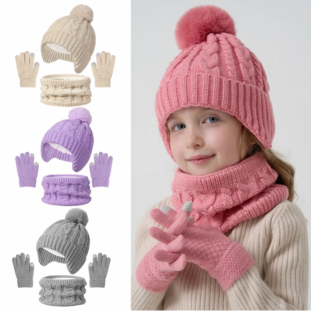 

3Pcs Children Knitted Hat Scarf Gloves Set Fleece Lining Warm Kids Winter Hat Neck Warmer Suit Child Bonnet Cap Kids Beanie 3-8Y
