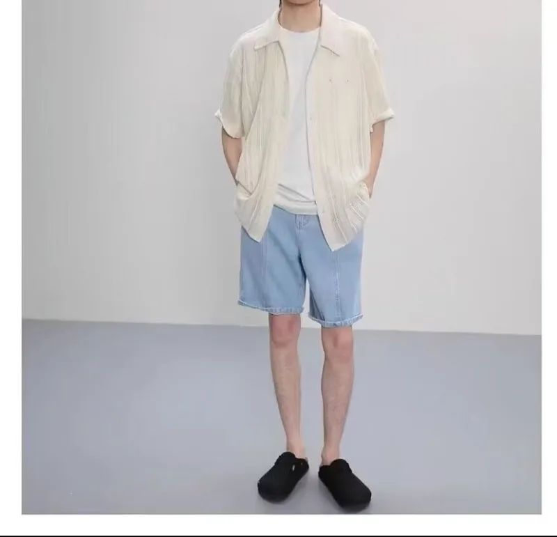 Herren-Strickhemd mit Aushöhlungen und Streifen, Kurzarm, Umlegekragen, Knopfleiste, Lässige Bluse, Atmungsaktives Durchsichtiges Sommer-Oberteil – Detail 10