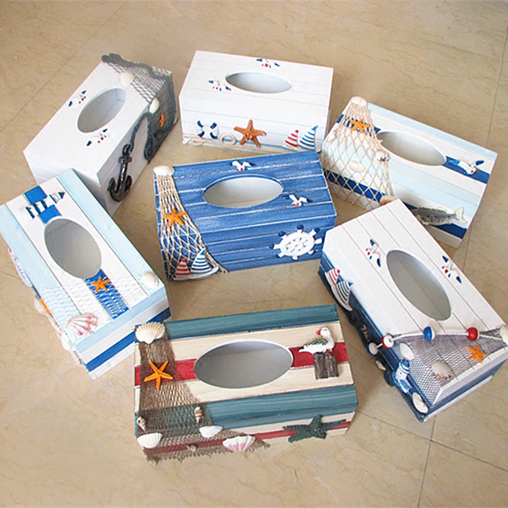 

1pc Wooden Decorative Tissue Box Mediterranean Style Home Office Storage Organizer Classic Pattern Fits Most Tissues For Hotel