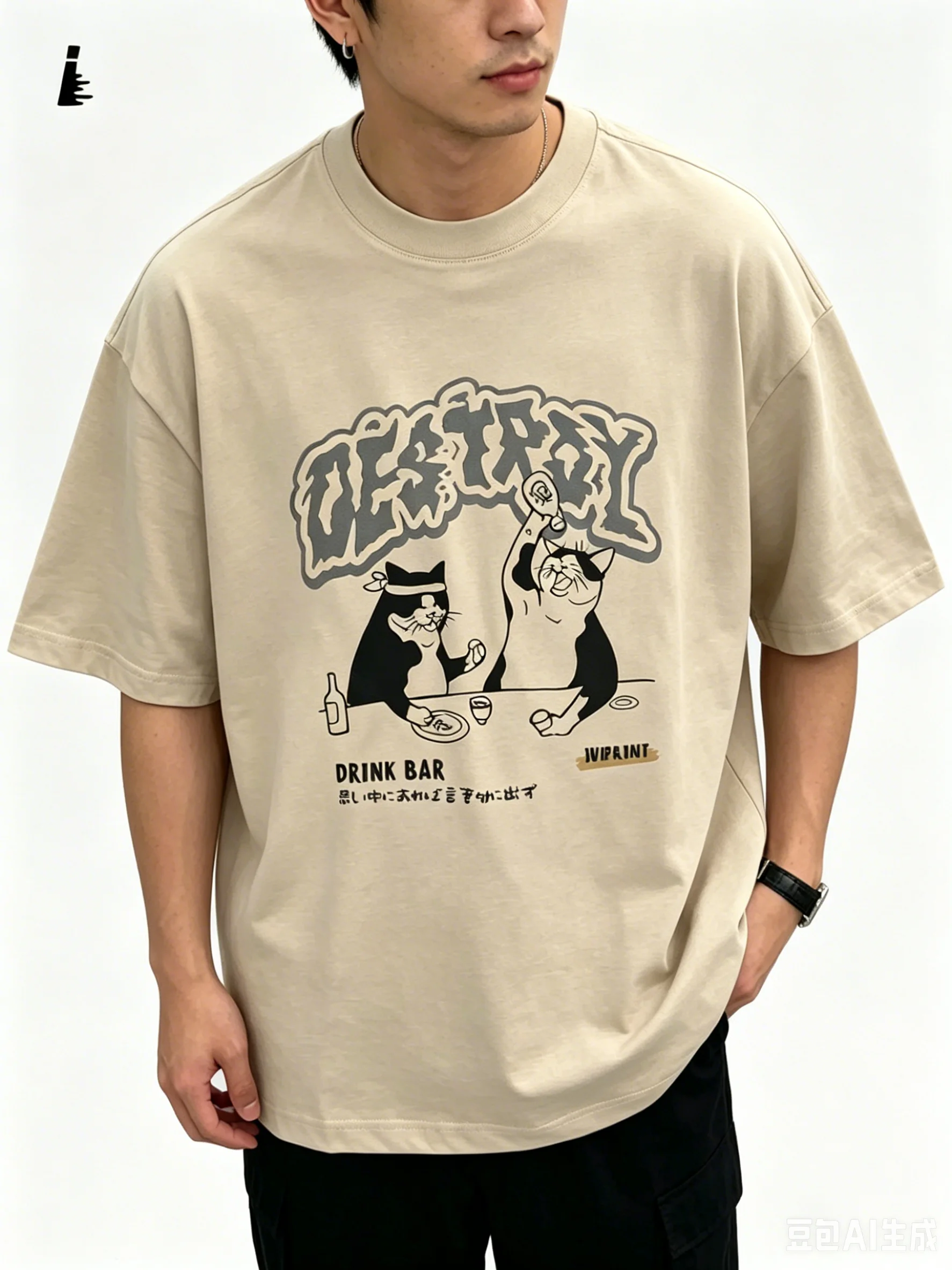 Grunge Retro Bar Cheers Cat Cartoon Print Tee Gothic Graffiti Font Japanese Slogan Loose 100% Cotton Streetwear Casual T-shirts