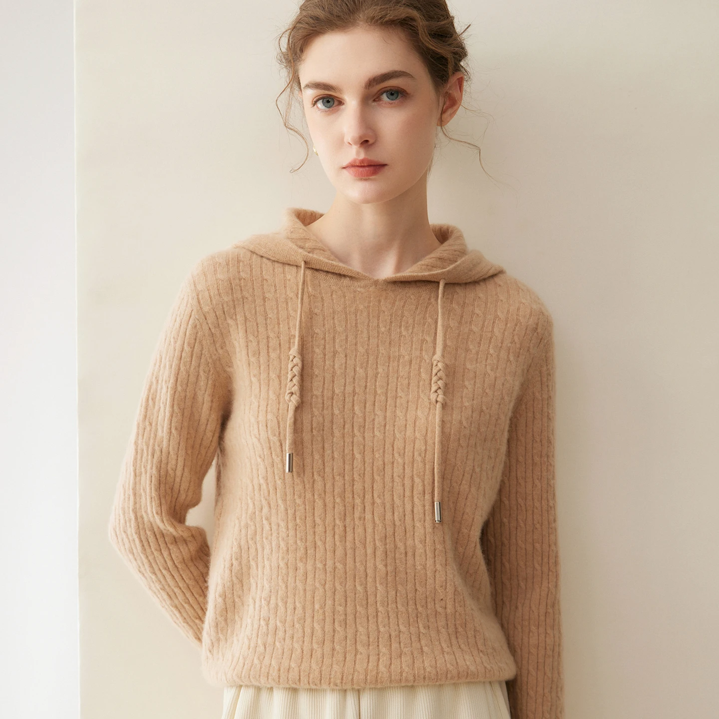 A-class high-quality women's 100% cashmere sweater thick solid color knitted semi-open hooded collar loose Blouse Tops