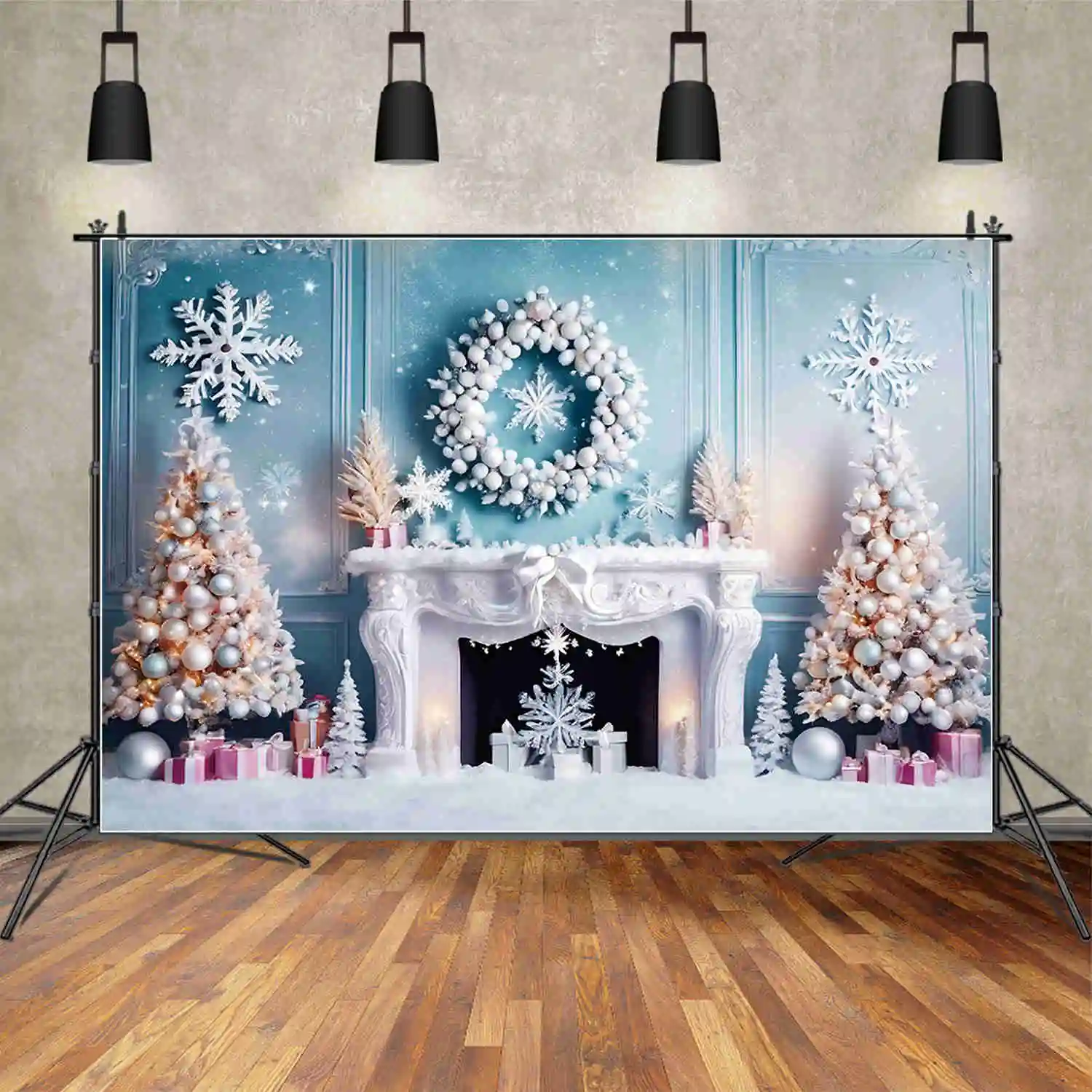 MOON.QG White Christmas Tree Backdrops Indoor Winter Snow Fireplace Living Room Backgrounds Party Decoration Photography Props